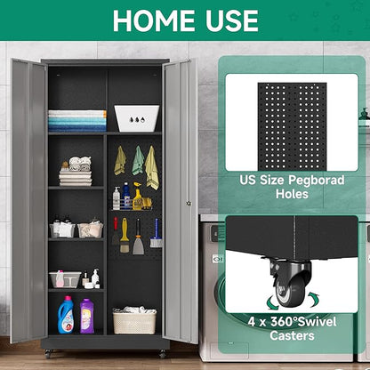Metal Garage Storage Cabinet with Locking Doors and Adjustable Shelves, Rolling Tool Storage on Wheels - Black Gray