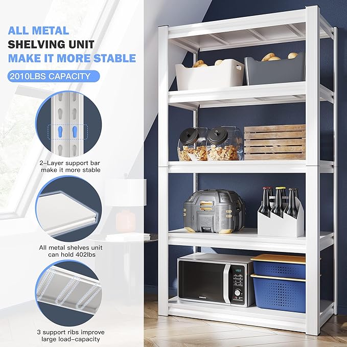 Raybee 72''H Garage Shelving Heavy Duty Storage Shelves Load 2010LBS Adjustable 5 Tier Metal Shelving White Garage Sheves Pantry Shelf for Kitchen Closet 72''H*31.7''W*16.3''D, 3 Pack
