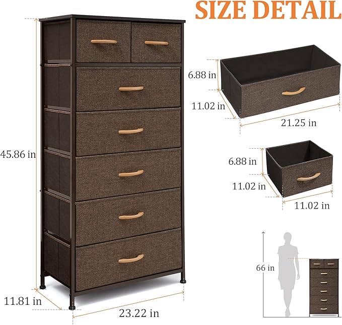 Tall Dressers for Bedroom, 7 Drawers Dresser Fabric Storage Closets Storage Units Organizer Tower Steel Frame Wooden Top for Bedroom, Hallway,Nursery, Entryway(Dark Brown)