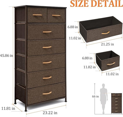 Tall Dressers for Bedroom, 7 Drawers Dresser Fabric Storage Closets Storage Units Organizer Tower Steel Frame Wooden Top for Bedroom, Hallway,Nursery, Entryway(Dark Brown)