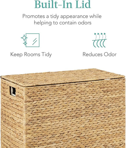 Best Choice Products Large Double Laundry Hamper with Lid, Natural Handwoven Water Hyacinth, 2 Sections w/ 2 Machine Washable Linen Liner Bags, Portable, Handles - Natural