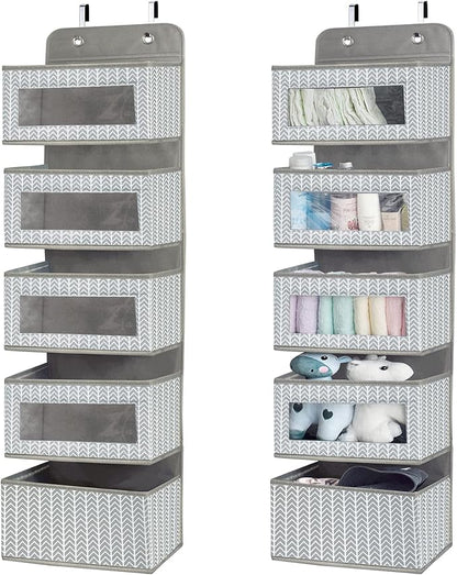 Over The Door Hanging Organizer with 5 Large Pockets - Wall Mount Pantry Storage with Clear PVC Window & 2 Big Metal Hooks for Closet,Bathroom,Nursery,Bedroom,Dorm,Baby Diapers,Kids Toys (Gray)