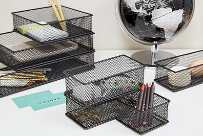 Annova Mesh Drawer Cabinet and Shelf Organizer Bins Storage Basket School Office Supply Holder Tray- Set of 2 (Black, 3x6x2 Inch)