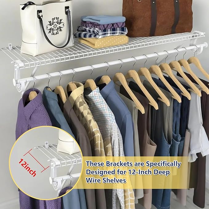 12 Inch Wire Shelf Brackets Set, Includes 2Wire Rack Support Brackets,4Wire Shelf Clips and 2 End Brackets,Suitability for Wardrobe and Wall Bracket Installation (2, 12 Inch)