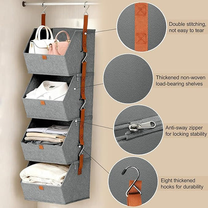 4 Tier Hanging Closet Organizer with Socks Storage Mesh Bag - Space Saving Storage Shelves for Closet, Wardrobe, Fabric Storage Bins for Dorm Rooms, Bedroom (Grey)