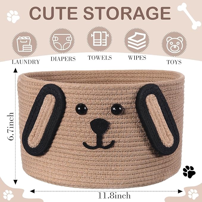 Zopeal Dog Woven Basket, 11.8" D x 6.7" H Cotton Rope Toy Storage Organizer, Dog Mom Gift Empty, Cute Laundry Puppy Gift Animal Basket for Clothes, Towels, Toy, Laundry, Bathroom, Home(Khaki, Black)
