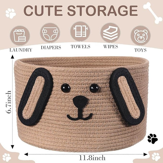Zopeal Dog Woven Basket, 11.8" D x 6.7" H Cotton Rope Toy Storage Organizer, Dog Mom Gift Empty, Cute Laundry Puppy Gift Animal Basket for Clothes, Towels, Toy, Laundry, Bathroom, Home(Khaki, Black)