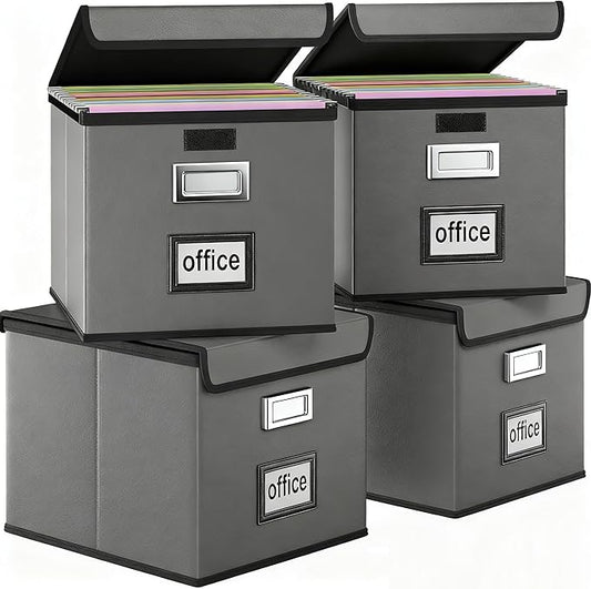 Huolewa Portable Leather File Organizer Boxes with Lids, Office Document Boxes Organizer, Filing Boxes, Decorative Small File Boxes for Hanging Files with Plastic Slide for Office/Decor/Home