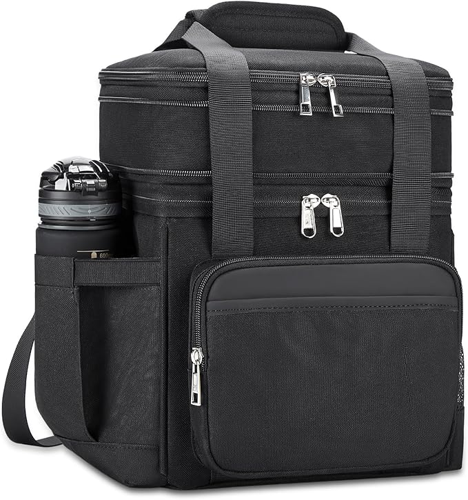 Insulated Lunch Bag & Lunch Box for Men - Double Deck Reusable Lunch Bag for Women Tote Cooler Bag Leakproof Soft Expandable - Extra Large Lunchbox for Work/Adult/Picnic/Outdoor (Black，22L)