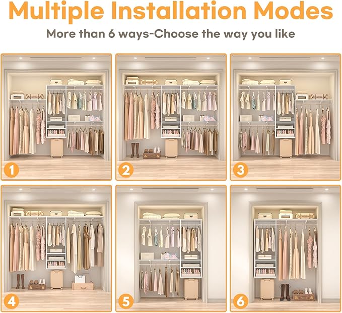 Cyclysio 96 Inch Closet System, 8 FT Hanging Closet Organizer System, Walk in Closet System with 4 Adjustable Rods and 3 Shelving Towers for 4-8FT Spaces(Cut-to-Fit), White