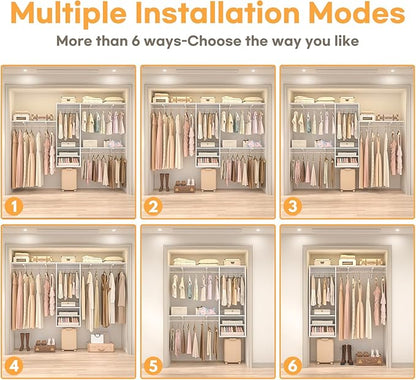 Cyclysio 96 Inch Closet System, 8 FT Hanging Closet Organizer System, Walk in Closet System with 4 Adjustable Rods and 3 Shelving Towers for 4-8FT Spaces(Cut-to-Fit), White