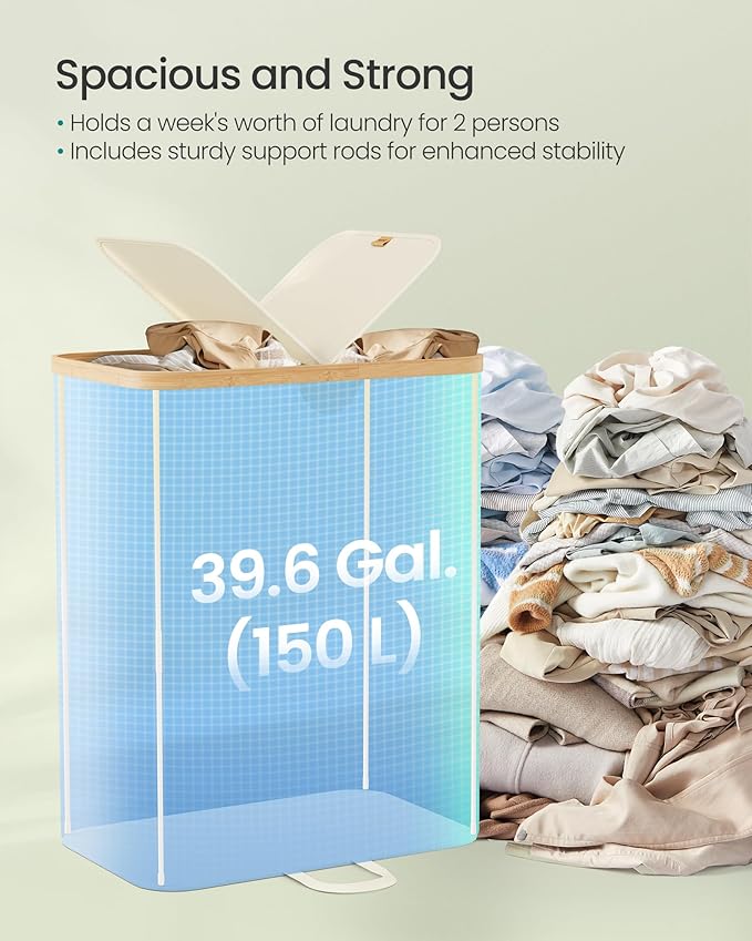 SONGMICS Laundry Hamper with Lids, Laundry Basket with 2 Compartments, 39 Gal. (150 L), Removable Liner Bag, for Laundry Room, Bedroom, Living Room, Cream White and Light Bamboo ULCB523W01