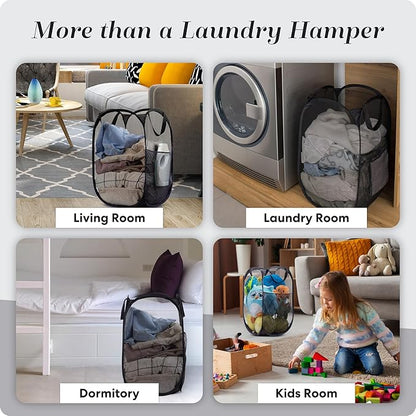 Handy Laundry Collapsible Mesh Pop Up Hamper with Wide Opening and Side Pocket - Breathable, Sturdy, Foldable, and Space-Saving Design for Clothes and Storage (Black)
