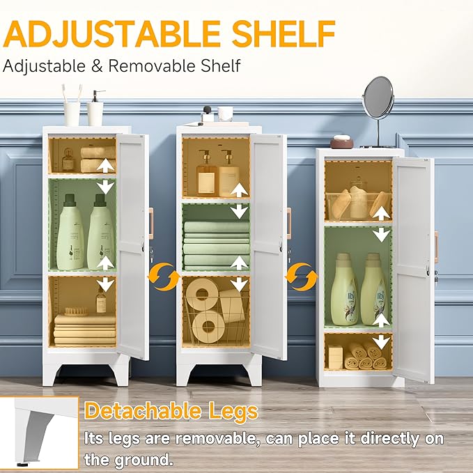 46"H White Metal Pantry Cabinet with 1 Lockable Door and 2 Adjustable Shelves, 3 Tier Small Storage Cabinet with Detachable Legs and Vintage Handle for Kitchen,Home Office,Gym,School,Easy Assembly