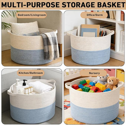 65L Large Blanket Basket,19.7" L x 19.7" W x 13" H Rope Woven Baskets with Handles, Toys Storage Bins,Laundry Basket Perfect for Living Room, Nursery,Bedroom,Home Organization,White&Blue