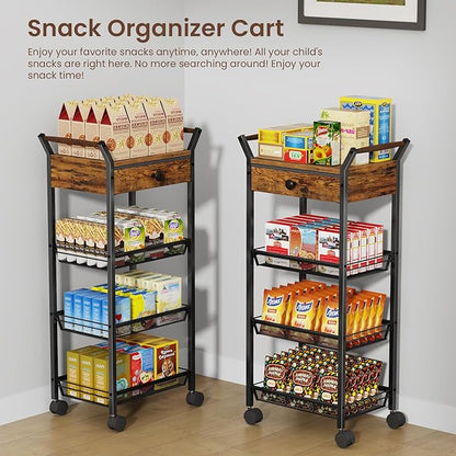 Large Fruit Vegetable Storage Cart, 5-Tier Kitchen Rolling Cart with Wheels & Drawer, Metal Wire Storage Basket Organizer Baskets for Kitchen, Pantry, Bathroom