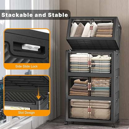 Extra Large Stackable Storage Bins with Lids & Wheels & Door,Foldable Collapsible Closet Organizers, Plastic containers drawers for bedroom Dorm (Dark-120qt, 4Pack with 1 top lid)