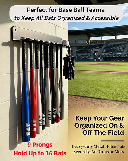 3MM Thickened Steel Wall Mount Baseball Bat Rack, Home Gym Storage Rack, 9 Prong Heavy-Duty Gym Equipment Storage Rack, Softball Bat Holder, Hanging Bat Rack Wall, Barbell Rack, Weight Room Organizer