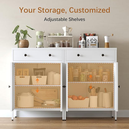 Metal Storage Cabinet with Drawer and Adjustable Shelf, White Steel Sideboard Buffet Cabinet, 35.4" H Coffee Bar Cabinet for Kitchen, Dining Room, Entryway