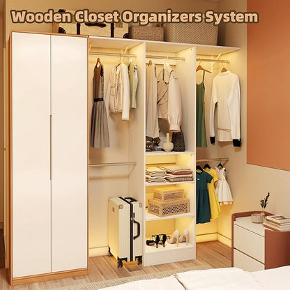Closet System, 4Ft-9Ft Closet Organizer System With Adjustable Shelves, Walk-In Closet Storage System With 5 Expandable Hanging Rods, Adjustable Cloth Garment Rack from 4 to 9FT, White