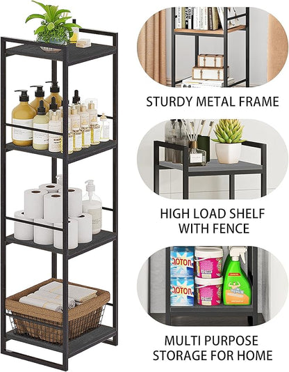 BYFU 4 Tier Bathroom Storage Open Shelf, Freestanding Metal Corner Storage Rack Shelving Unit for Bathroom Kitchen Living Room Hallway, Black
