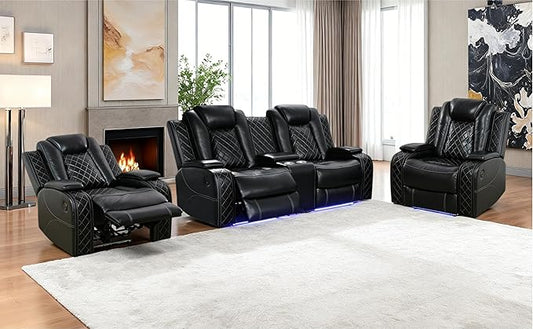 Black Leather Power Recliner Loveseat and 2 Chairs with Arm Storage and Read Light, Theater Seating Leather Living Room Reclining Loveseat with Cup Holders and Smart Charging Pad for Home