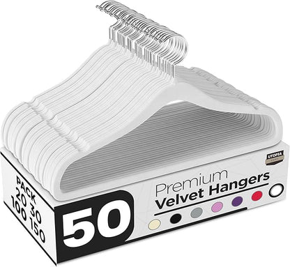 Utopia Home Velvet Hangers 50 Pack – Luxury Non-Slip Slim Pant & Coat Hangers, Strong Space-Saving Clothes Hangers with Pants Bar and 360° Swivel Hook – White