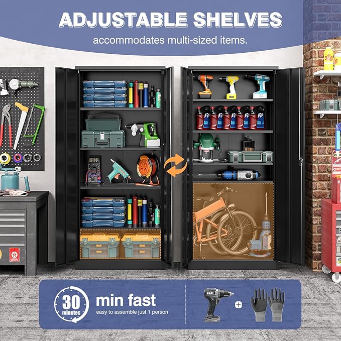 Metal Garage Storage Cabinet with Locking Doors,Steel Tool Cabinets with Adjustable Shelves for Home,Office,Garage,Warehouse Organisieren(Black)