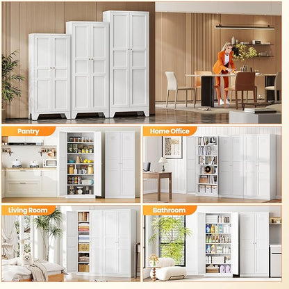 71" Tall Kitchen Pantry Storage Cabinet with 2 Doors and 5 Adjustable Shelve, Metal White Food Pantry Cabinet, Kitchen Cabinet Storage Unit,6 Tier Freestanding Cupboard for Kitchen Dining/Living Room