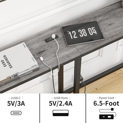 BOFENG 71.5 Inch Thin Console Table with Power Outlets,Narrow Sofa Table with Charging Station,Long Side Table Behind Sofa Couch Table for Entryway,Hallway,Living Room,Foyer,Grey