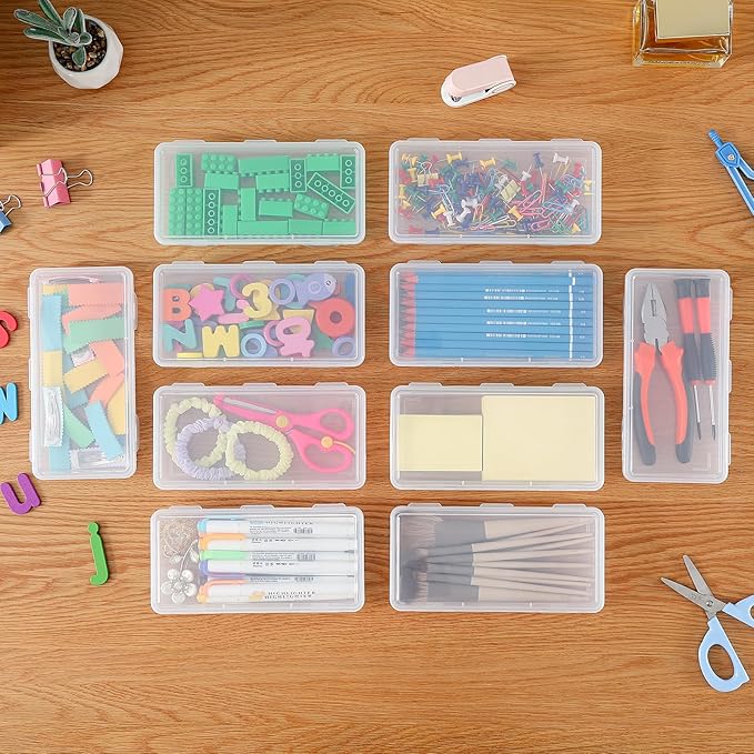 10 Pack Clear Plastic Pencil Case Pouch Box - Stackable Storage Organizer with Snap Lid for Pens, Markers, Beads, Jewelry, Stickers, Art Supplies, School Office Hobby Use, Rectangular Flat
