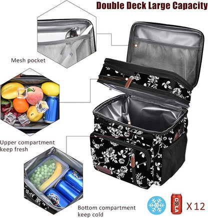 MIYCOO Lunch Bag & Lunch Box for Women Men, Double Deck Leakproof Insulated Soft Large Adult Camping Cooler bag for Work, Beach, Picnic, Travel (White Flower, 15L)