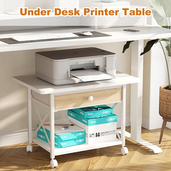 EasyCom 23.6" x 15.7" Under Desk Printer Stand with Storage Drawer, 2-Tier Shelf Desktop Printer Table for Desk with Wheels, Large Rolling Cart for Home Office Fits 3D Printer Scanner White