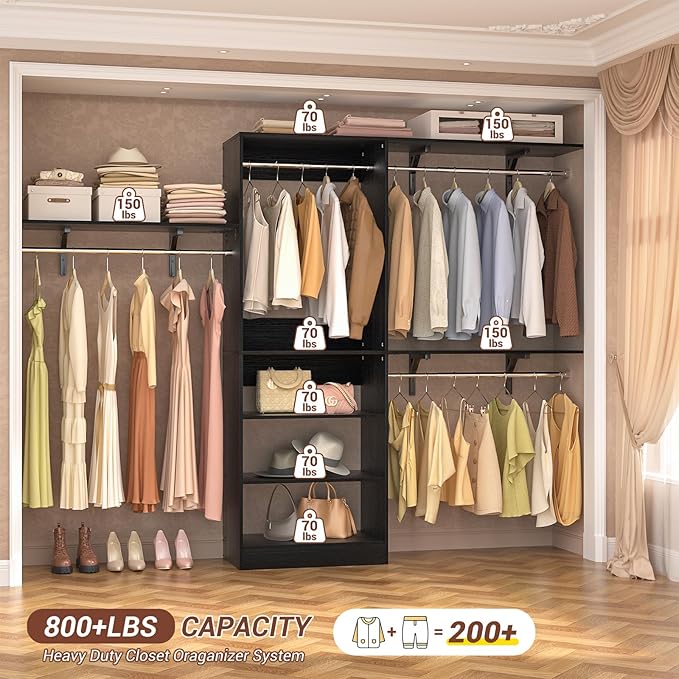 Armocity 96'' Closet System, 8FT Walk In Closet Organizer with 3 Shelving Towers, Heavy Duty Bedroom Wardrobe with 5 Shelves, Wall Mounted Clothes Rack (Can Be Cut To Fit), 96"L x16"W x75"H, Black