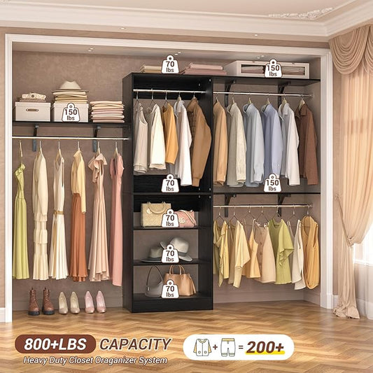 Armocity 96'' Closet System, 8FT Walk In Closet Organizer with 3 Shelving Towers, Heavy Duty Bedroom Wardrobe with 5 Shelves, Wall Mounted Clothes Rack (Can Be Cut To Fit), 96"L x16"W x75"H, Black