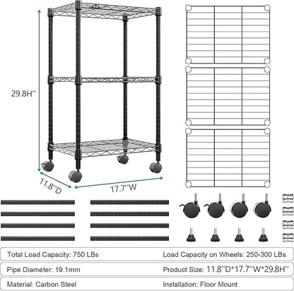 3 Tier Shelf Metal Storage Shelves Wire Rack Closet Organizers with Wheel for Garage Kitchen Bathroom Laundry Black 11.8" D x 17.7" W x 29.8" H