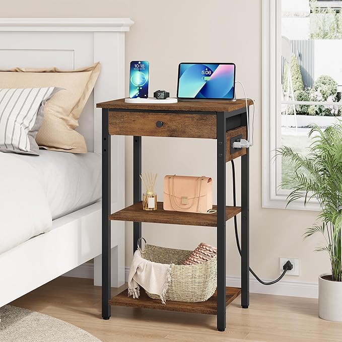 Printer Stand with Charging Station, 3-Tier Under Desk Printer Table, End Table with Storage Shelves for Home Office, Living Room,Bedroom,Bathroom,Brown