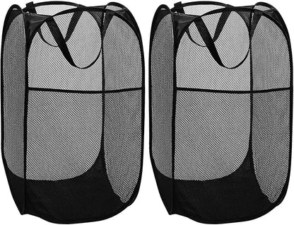 BATTOO Deluxe Strong Mesh Pop up Laundry Hamper Basket with Side Pocket for Laundry Room, Bathroom, Kids Room, College Dorm or Travel 2 Pack Black