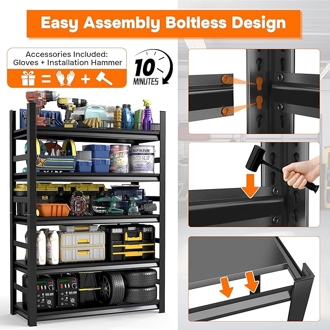71"H*16"D Garage Storage Shelves, Metal Garage Shelving Unit 5-Tier with Fences, 3000 lbs Capacity, Adjustable Heavy Duty Rack Organizer for Basement, Pantry, Warehouse, 35 inch Wide, Black