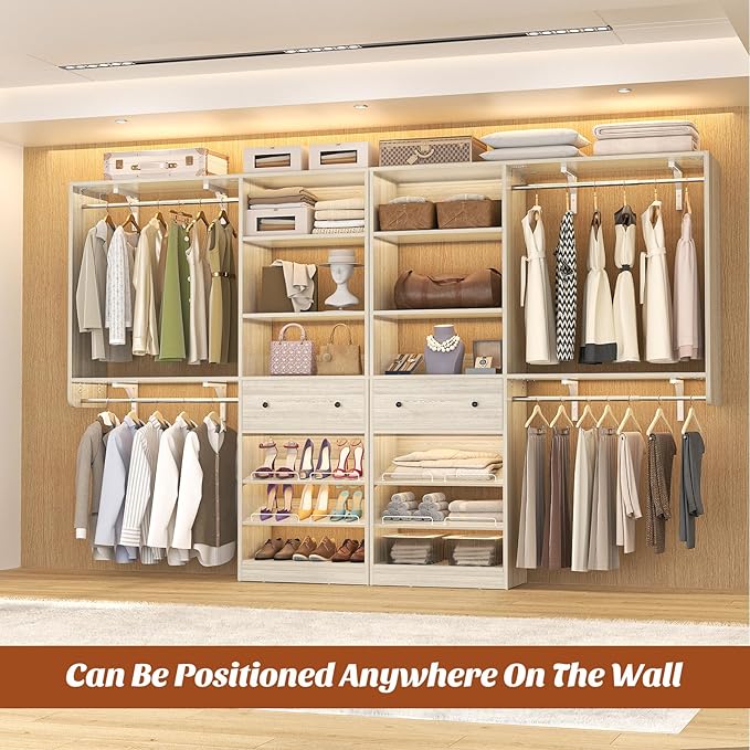 Closet System with Drawer - Reversible 5FT Wood Closet Organizer System with 2 Hanging Rods and Adjustable Shelf, Walk In Closet Organizers with Shoe Rack, Built-In Garment Rack, White Oak
