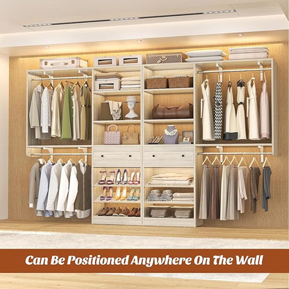 Closet System with Drawer - Reversible 5FT Wood Closet Organizer System with 2 Hanging Rods and Adjustable Shelf, Walk In Closet Organizers with Shoe Rack, Built-In Garment Rack, White Oak