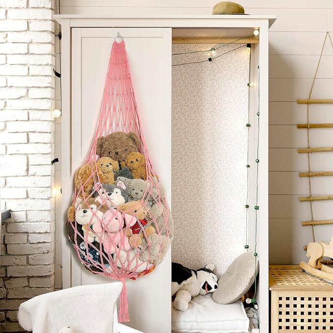 Novel Stuffed Animal Hammock Corner Hanging Net for Stuff Aniaml Storage Macrame Toy Display Plush Toy Holder-Perfect for The Tiny Space Walls (pink, XXL)