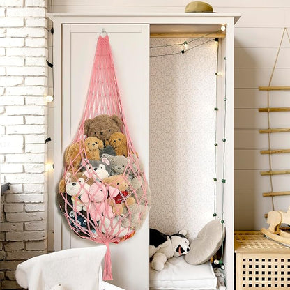 Stuffed Animal Net or Hammock Corner Hanging Net for Stuffy Animal Storage Macrame Toy Display Plush Toy Holder Wall Pet Net for Nursery Kid Bedroom Decor Playroom Organizer (Pink)