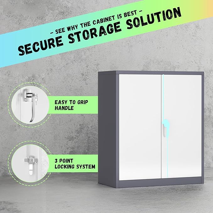 Bonusall Metal Garage Storage Cabinet, 36" H Locking Cabinets with 2 Adjustable Shelves, 2 Door Small Pantry Storage for Home Office, Kitchen, Bathroom (White Grey)