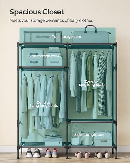 SONGMICS Heavy Duty Clothes Rack, 65 Inch Freestanding Portable Wardrobe with Hanging Rails and Shelves, Total Load 242 lb, Easy Assembly, for Cloakroom, Bedroom, Black URDR201B02