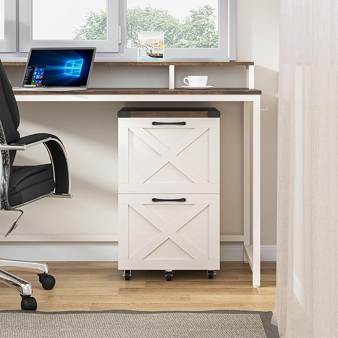 2 Drawer Small File Cabinet with Wheels, Farmhouse Vertical Filing Cabinet Fits A4/Letter Size, Under Desk Rolling File Cabinets for Home Office, Wooden Printer Stand, Rustic White