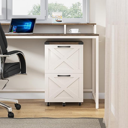 2 Drawer Small File Cabinet with Wheels, Farmhouse Vertical Filing Cabinet Fits A4/Letter Size, Under Desk Rolling File Cabinets for Home Office, Wooden Printer Stand, Rustic White