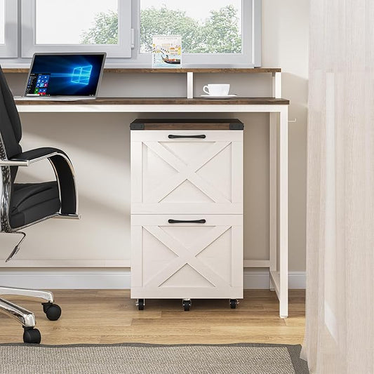 2 Drawer Small File Cabinet with Wheels, Farmhouse Vertical Filing Cabinet Fits A4/Letter Size, Under Desk Rolling File Cabinets for Home Office, Wooden Printer Stand, Rustic White