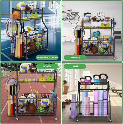 Garage Sports Equipment Organizer,Ball Storage With Four Baskets And Six Hooks,Sports Organizer For Garage,Heavy Duty Garage Organizer,Garage Storage,Garage Organization,Outdoor Toy Storage