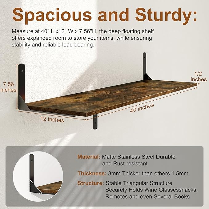 Floating Shelves 40"W x 12"D, Deep Wall Shelves with Brackets for Books, Plant, 12 Inch Deep Bathroom Shelf Set of 2, Large Floating Shelf for Living Room, Bedroom, Kitchen, Rustic Brown, Set of 2